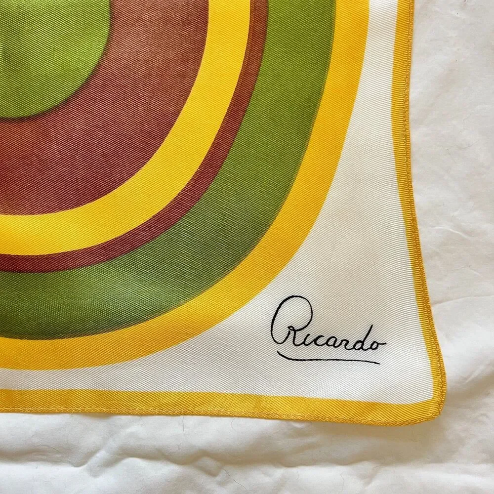 Vtg Ricardo scarf 70s geometric circles square browns, greens